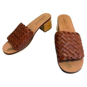 Liberté Woven Leather Slide Sandals Wood Block Heel 9 Brown Resort Quiet Luxury